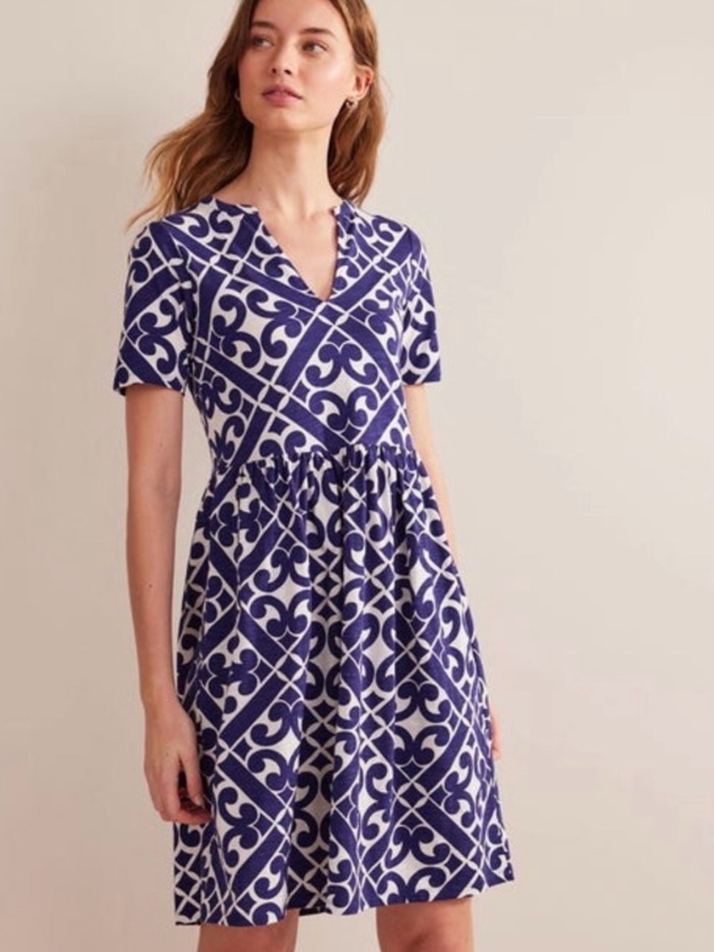 Boden Blue and White V‑Neck Printed Cotton Short‑Sleeve Popover Fit Flare Dress